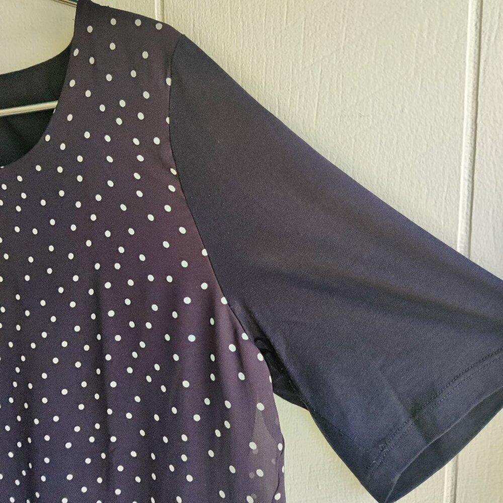 Ann Taylor black & white polka dot tee. Breezy sheer overlay high to low. SZ L